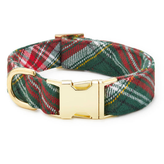 Holly Jolly Flannel Holiday Dog Collar: M/ Gold