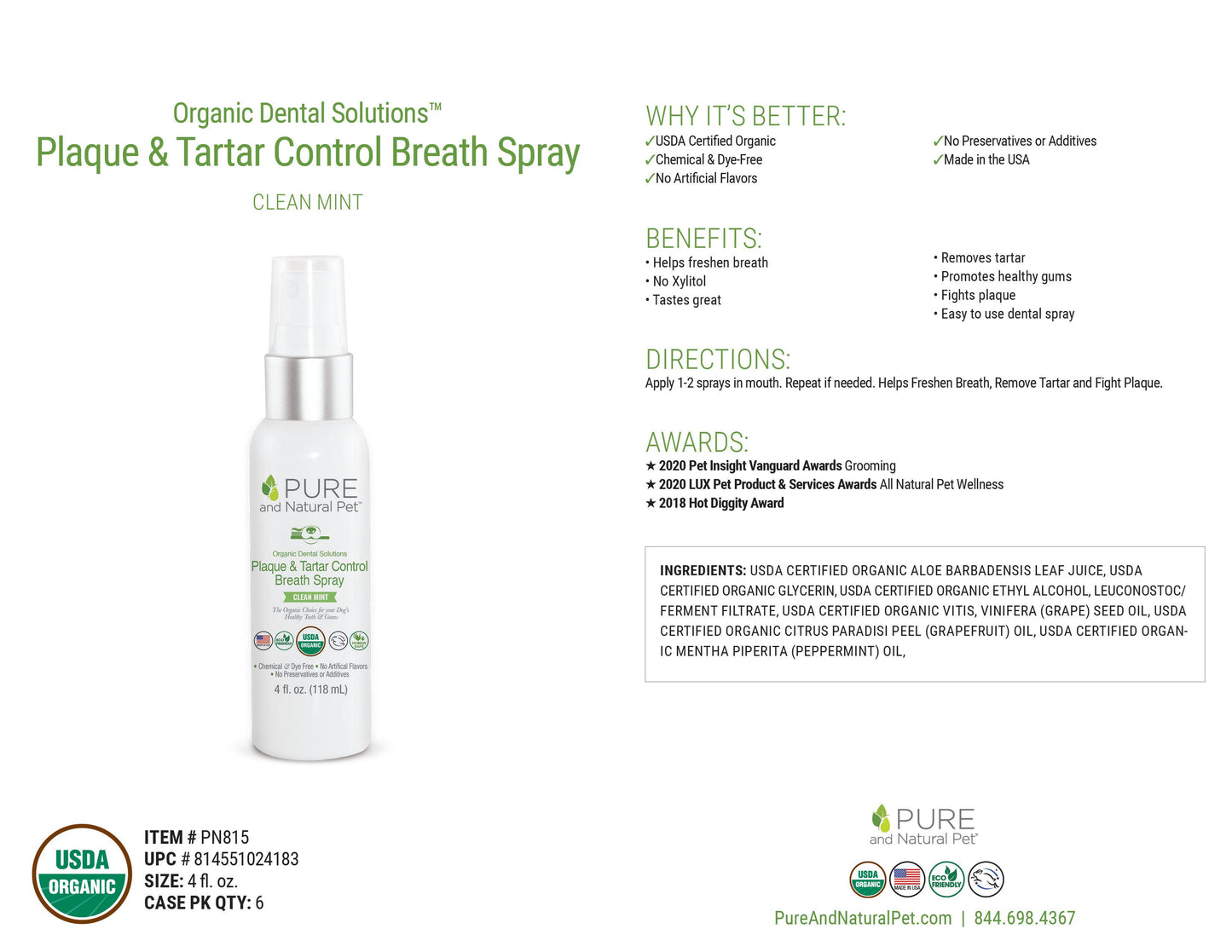 Organic Dental Plaque & Tartar Control Breath Spray for Dogs