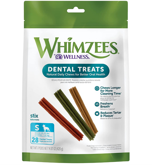Whimzees by Wellness Stix Natural Dental Chews for Dogs, Long Lasting Treats, Grain-Free, Freshens Breath, Small Breed, 28 count