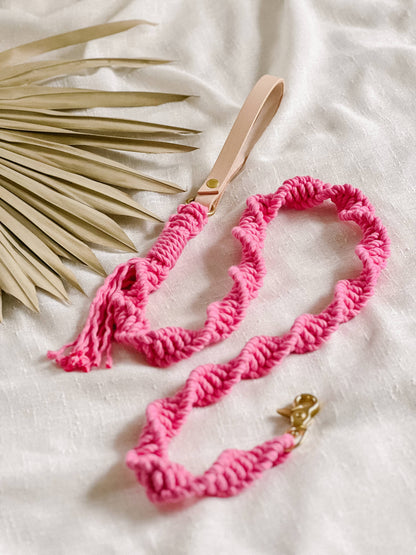 Macrame Dog Leash w/ Leather Handle - Hot Pink Rope