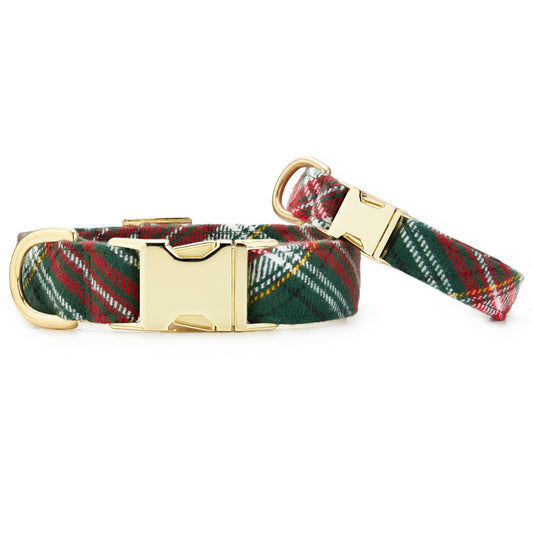 Holly Jolly Flannel Holiday Dog Collar: L/ Gold