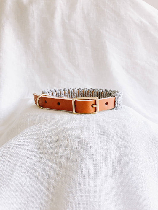 Caramel/Gray Macrame & Leather Dog Collar