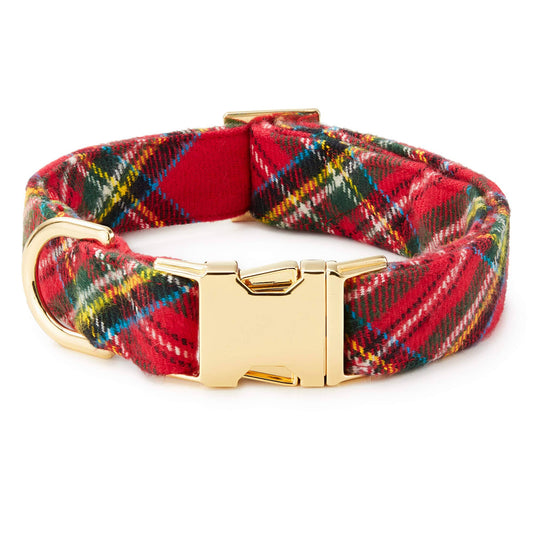 Tartan Plaid Flannel Holiday Dog Collar: S/ Gold